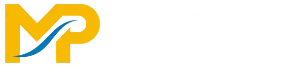 Banner-style company logo featuring a combination of the letters MP on the left side in goldish yellow with a blue swish and the company name Mark Pompeo Bookkeeping on the right.