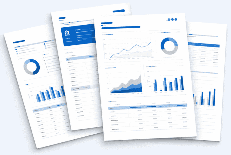 4 sheets of paper with financial reports and charts.