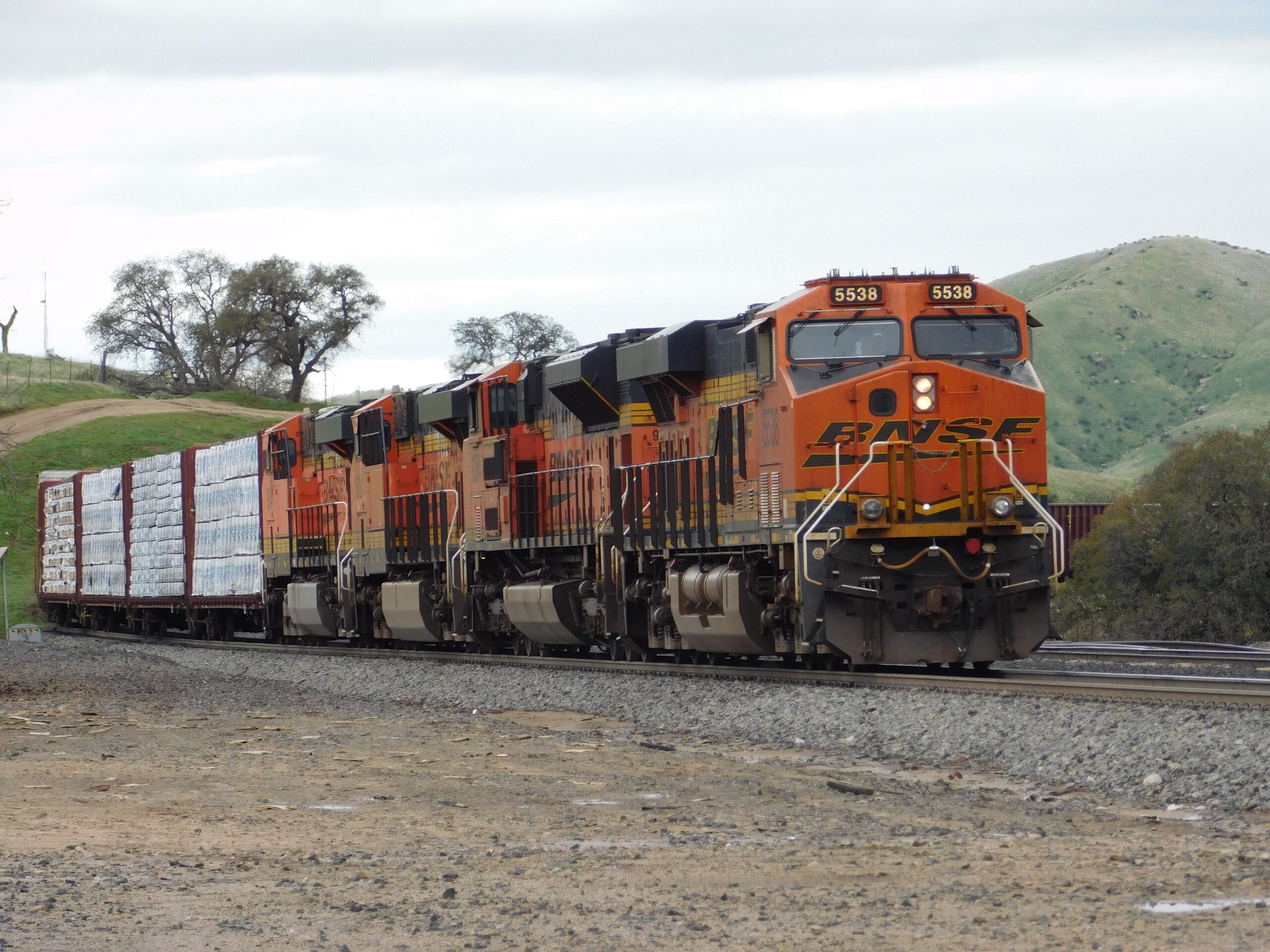 A BNSF railroad freight train hauling packaged materials