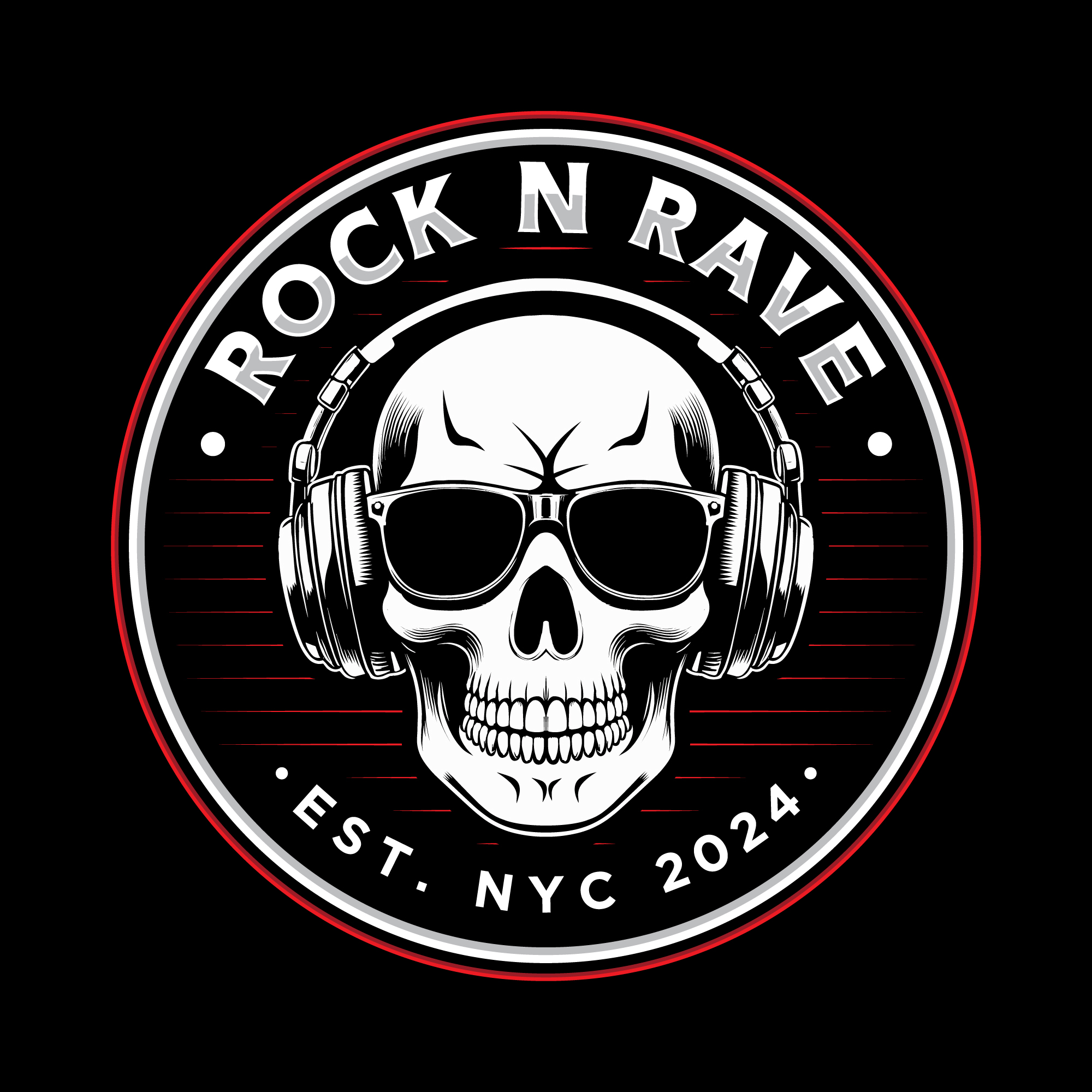 Rock N Rave brand logo featuring a skull with sunglasses and headphones.